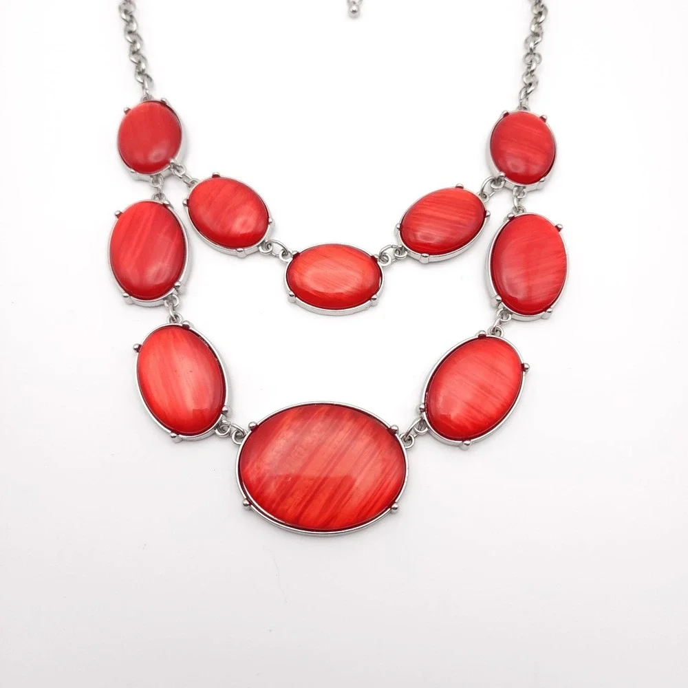 Charming Charlie Silver Tone‎ Necklace Red Oval Cabochon Bib